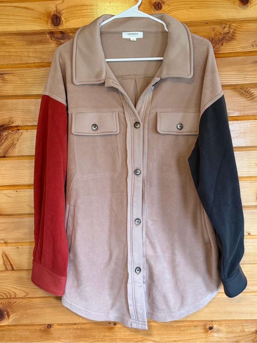 Hemish Utility Colorblock Fleece Jacket - Beige with Orange & Black Sleeves